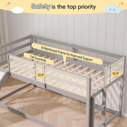 Bunk Bed with Slide, Wooden Bed Frame for Kids, Low Loft Bunk Bed Twin Over Twin with Ladders, Safety Guardrails for Kids, Toddlers, Boys, Girls, Teens, Bedroom (Grey)