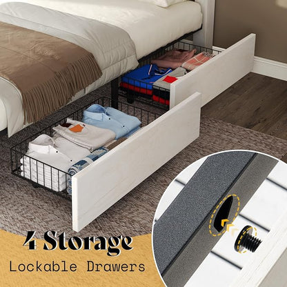 AMERLIFE 3 Piece Bedroom Set Including Farmhouse Full Size Bed Frame with 4 Drawers, Nightstands Set of 2 with Charging Station for Bedroom, White