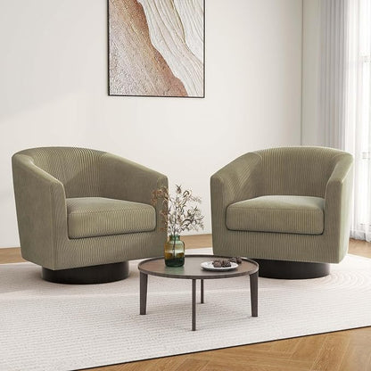 Swivel Barrel Accent Chair, Modern Round Corduroy Fabric Arm Chair for Living Room, Bedroom, Comfy Club Reading Chairs for Adults (Corduroy Camel, Set of 2)