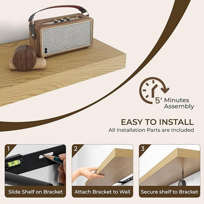 RICHFOCUS 31.5Inch Floating Shelves for Wall 2 Pack Shelves for Bedroom|Kitchen|Bathroom Wall Mounted Rustic Wood Floating Shelf with Invisible Brackets for Books|Storage|Decor, Oak