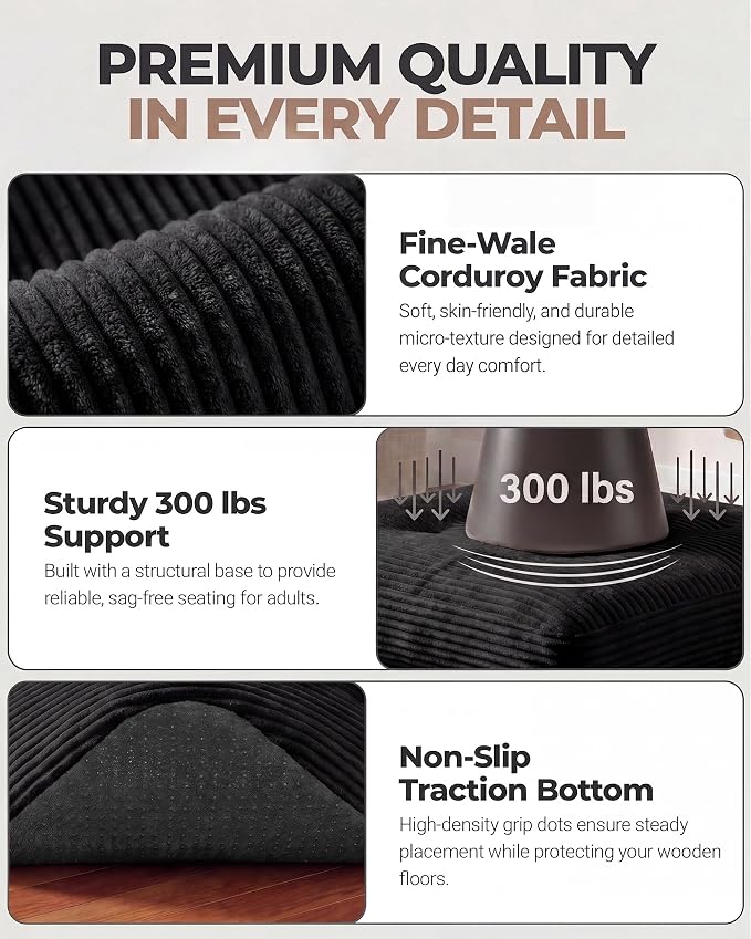 23.6in Pouf Ottoman, Corduroy Ottoman Foot Rest with Dual‑Layer Support, Large Plush Pouf with Soft Chunk‑Foam Top & Firm Foam Base, Floor Foot Stool for Living Room, Black