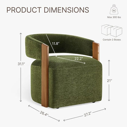KISLOT Upholstered Dining Chairs Set of 2, Barrel Modern Dining Room Chairs with Casters, Kitchen Side Wooden Armchair with Fabric Cushion Seat for Bedroom, Livingroom, Reading Room, Green, 2 Boxs