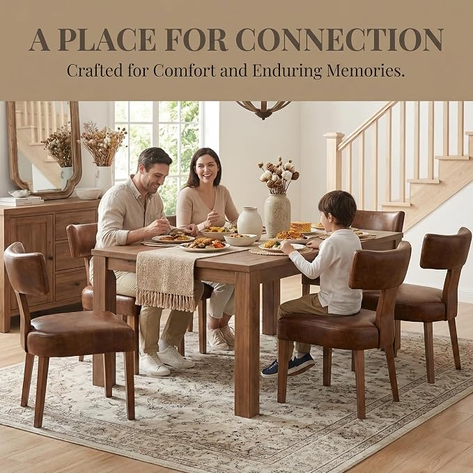 HNY Century Modern Dining Chairs Set of 6, Farmhouse PU Leather Upholstered Accent Chair Curved Backrest Kitchen Chairs, with Hardwood Frame, Brown 6PC
