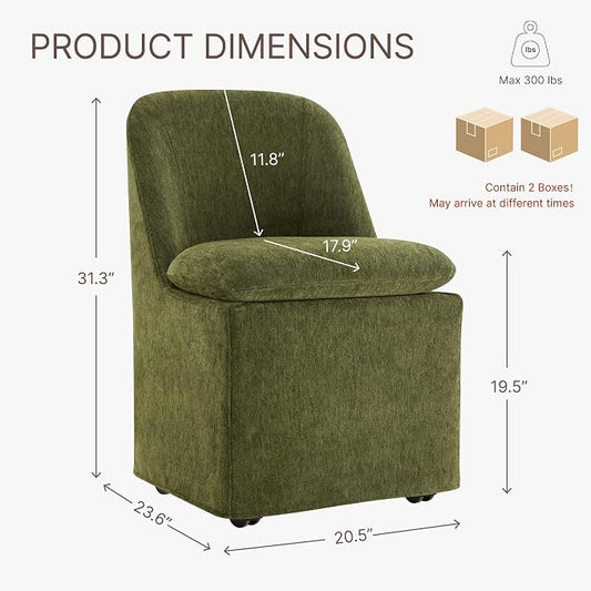 KISLOT Upholstered Dining Chairs Set of 4 with Casters, Modern Side Armless Deskchair with Washable Slipcover & Sturdy Metal Frame for Diningroom Bedroom Livingroom Reading Room, Green Fabric
