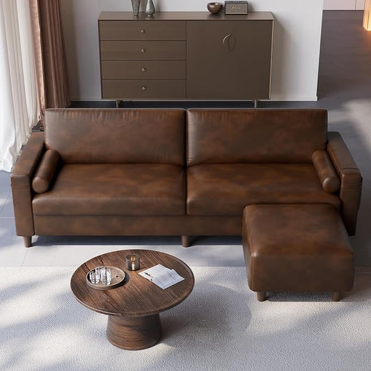 Vesgantti 100" Faux Leather Sofa with Movable Ottoman, Wide Seating L Shaped PU Leather Couch with Side Pocket, Comfy Mid Century Modern Modular Sectional Sofa for Living Room, Office, Cocoa
