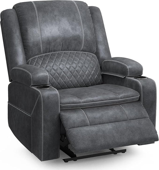 Oversized Manual Recliner Chair, 3X Recliner Home Theater Seating, RV Recliner Single Sofa with Storage, Cup Holder & Side Pocket, Reclining Chair for RV, Home Theater & Living Room (Velvet,Grey)