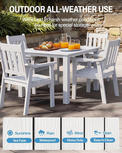 YEFU HIPS Patio Table Set: 5 Piece Outdoor Square Table and Chairs with Metal Aluminum Frame - White Modern Plastic Patio Dining Furniture Set 4 Person for Outside Deck