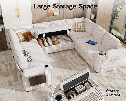 WEUP 111" Modular Sectional Sleeper Sofa with Pull Out Bed, 8 Seat Plush Corduroy U Shaped Couch with USB Ports|Cup Holders|Side Table|Storage Chaise Armrests Tool Free Assembly, Beige
