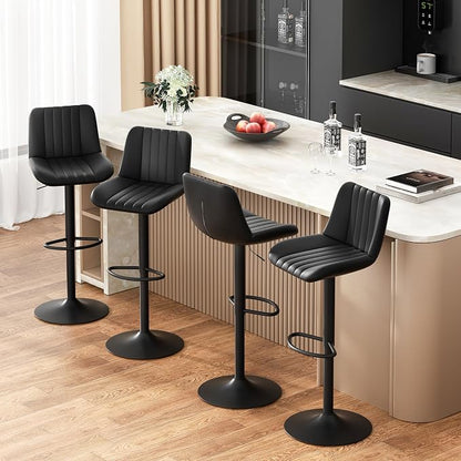 JAMFLY Modern Leather Bar Stools – Swivel & Height-Adjustable Bar Chairs with Footrest, Ergonomic Design for Kitchen Island, Home & Commercial Bar – Set of 4, Black