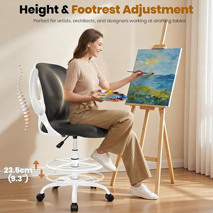 Primy Ergonomic Drafting Chair with Flip-up Armrests Tall Office Chair for Standing Desk Comfortable Desk Chair with Adjustable Footrest Ring and Lumbar Support in Gray Perfect for Home (White)