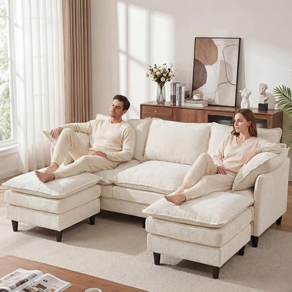3 Seater U-Shape Couch Sofa with Ottomans, 69" Small Couch Modern Comfy Cloud Sofa with 23" Deep Washable Pillow ChenilleCover Couches for Living Room Bedroom Apartment Office 69-Beige-U