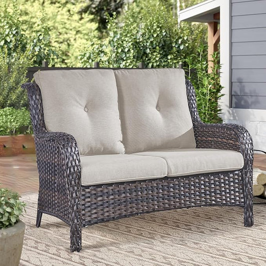 Outdoor Loveseat Sofa-2 Seater Rattan Wicker Patio Couch High Back Patio Sofa for Porch Deck Backyard-Brown/Beige