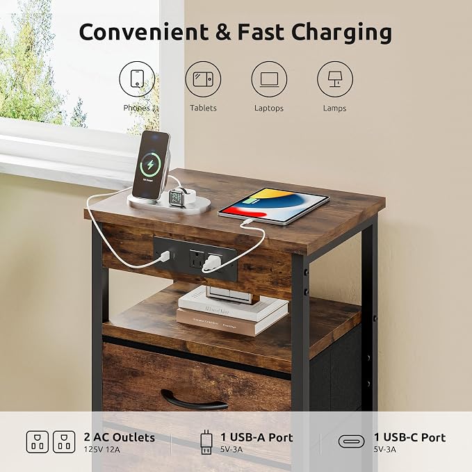Lazzanto NightStand Bedside Charging Table Bedroom - Brown Night Stand with Charger Station, Modern Bed Side End Table with Open Shelf & 2 Fabric Drawers, USB-C Port for Dorm, Living Room