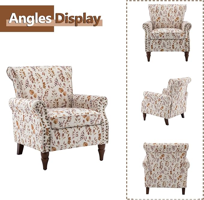 HULALA HOME Modern Wingback Accent Chair with Wood Legs & Removable Cushion, Comfy Upholstered Armchair with Nailhead Trim, Floral Pattern Single Sofa Chair for Living Room Bedroom, Yellow