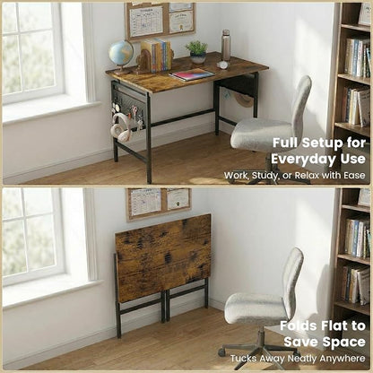 Hadulcet 31'' Foldable Computer Desk, Small Desk with Movable Pegboard Panels, Folding Desk with Storage, Portable Computer Desk for Study Room & Office & RV, for Small Spaces, Rustic Brown