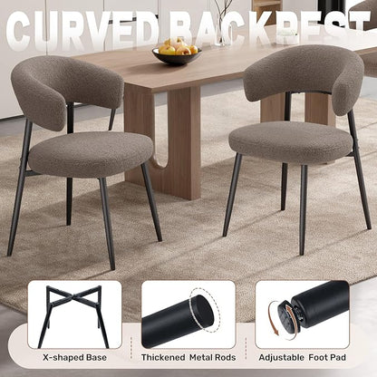 Dining Chairs Set of 2, Mid Century Modern Kitchen Chairs, Boucle Upholstered Dining Chair with Curved Backrest & Metal Legs for Kitchen Dining Room, Brown