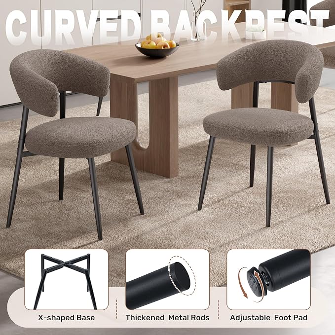 Dining Chairs Set of 6, Mid Century Modern Kitchen Chairs, Boucle Upholstered Dining Chair with Curved Backrest & Metal Legs for Kitchen Dining Room, Brown