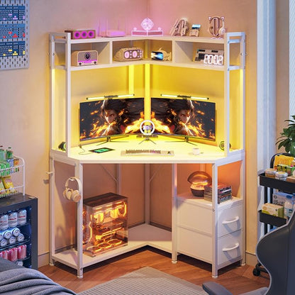 DurayLoly 63" Triangular Corner Desk with Hutch,Ample Storage for Small Room,Spacious 36" W Desktop,2 Fabric Drawers and Bottom Wooden Shelves,Versatile Computer Desk that Meets All Your Needs,White