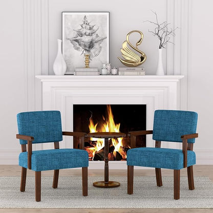 FAGAGA Accent Chair,Armchairs with Solid Wood Frame and Legs,Upholstered Reading Leisure Chair for Bedroom,Office,Waiting Room (Linen, Blue, One Chair)