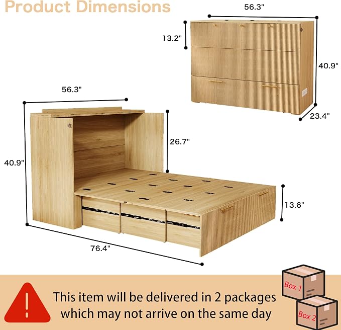 Full Size Murphy Bed Cabinet: Oak Folding Murphy Bed for Small Spaces, Wood Hidden Beds Cabinet with Charging Station, Modern 2 in 1 Hideaway Beds Cabinets (Oak-Fluted)