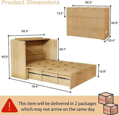 Full Size Murphy Bed Cabinet: Oak Folding Murphy Bed for Small Spaces, Wood Hidden Beds Cabinet with Charging Station, Modern 2 in 1 Hideaway Beds Cabinets (Oak-Fluted)