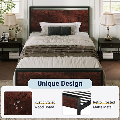 Allewie Twin Size Platform Bed Frame with Wooden Headboard and Footboard, Heavy Duty Metal Slats Support, No Box Spring Needed, Under-Bed Storage, Noise Free, Easy Assembly, Mahogany