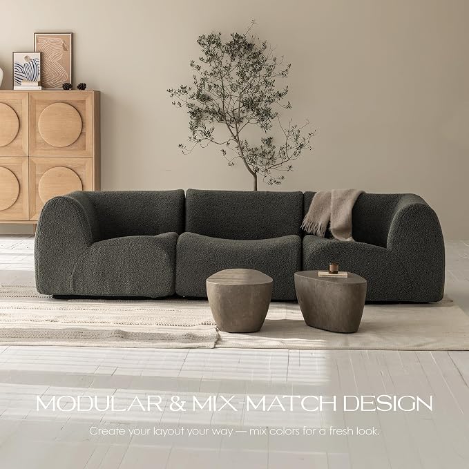 110" 3-Seater Modular Sectional Sofa, Sherpa Cloud Couch with Deep Seat Comfort, Boneless Curved Sofas with High-Density Foam Strong Support, Modern Cozy Sofa for Living Room – No Assembly, Grey