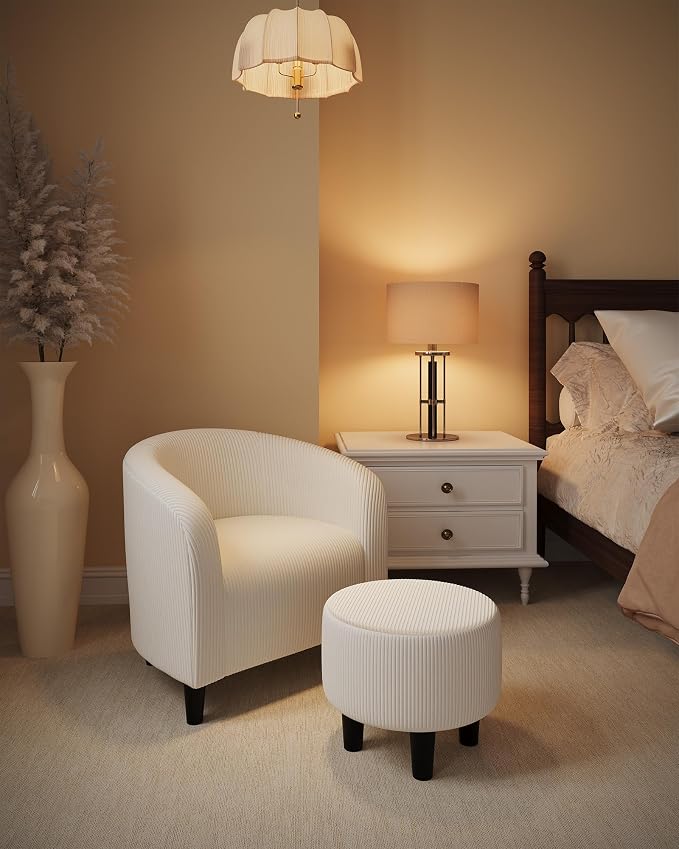 GarveeHome Accent Chair with Ottoman, Corduroy Barrel Chair for Living Room, Comfy Armchair with Footrest for Small Spaces, Reading Nook Chair, Beige