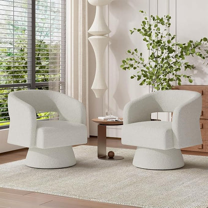 Swivel Barrel Accent Chair,Oversized Teddy Upholstered Round Swivel Chair,Modern Luxury 360 Degree Living Room Vanity Chair for Bedroom Office,White