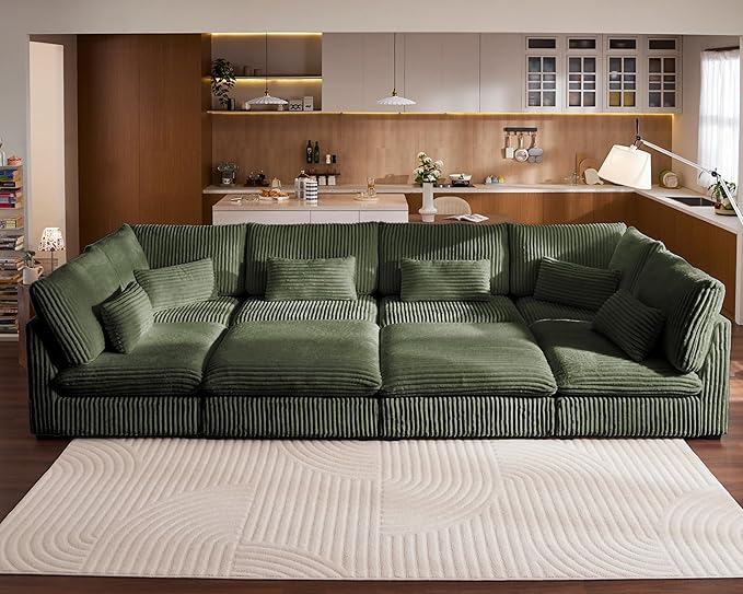154" Oversized Corduroy Couch Modular Sectional Sofa, Washable Cloud Couch Sectional with 4 Ottoman, 8 Seater Sectional Couches for Living Room, Fully Cover Removable, Sleeper Sofa, Corduroy, Green