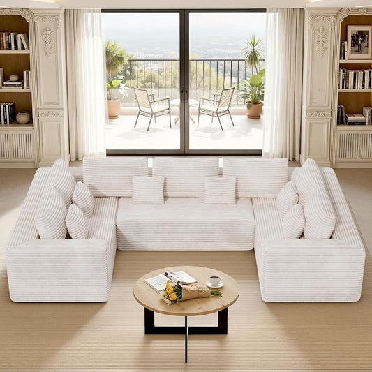 Luxanimarion 136'' Large Sectional Cloud Couches with Chaise, U Shaped Boneless Loveseat Sofa, No Assembly Required Deep Seat Modular Lounge for Living Room 3PCS Set, Bedroom(Beige)