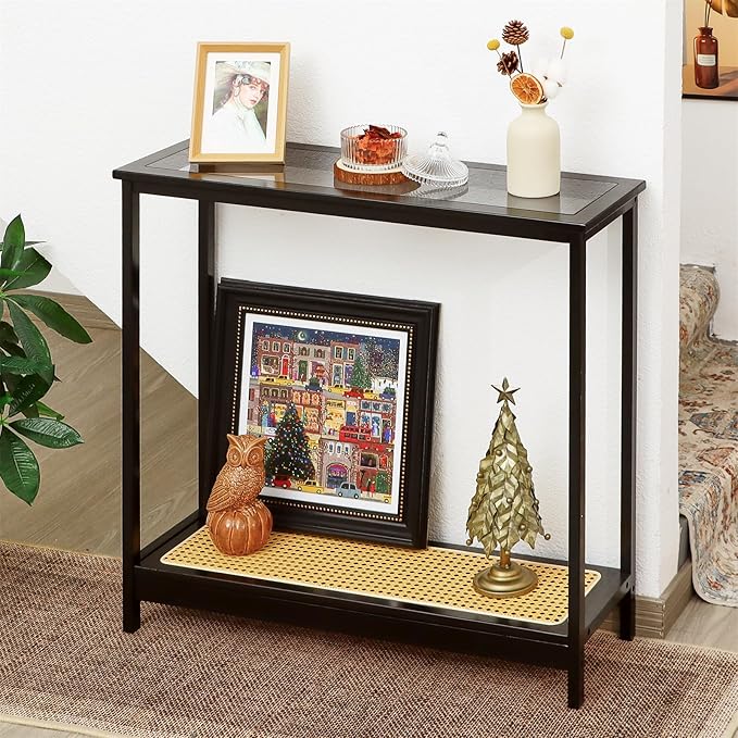 Bamboo Narrow Console Table, 31.5"(L) Wood Small Entryway Table with Rattan and Glass, Accent Slim Hallway Tables, Thin Sofa Side Tables for Hallway, Living Room, Bedroom, Foyer, Black