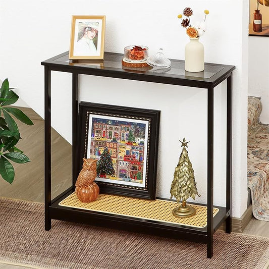Bamboo Narrow Console Table, 31.5"(L) Wood Small Entryway Table with Rattan and Glass, Accent Slim Hallway Tables, Thin Sofa Side Tables for Hallway, Living Room, Bedroom, Foyer, Black