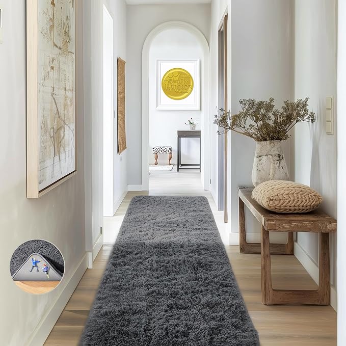 Ophanie 2x8 Runner Rug for Hallway, Upgrade Non-Slip Fluffy Soft Bedside Rugs, Bedroom Living Room Grey Shaggy Gray Carpet for Kids Girls Boys Dorm Nursery Home Decor Aesthetic
