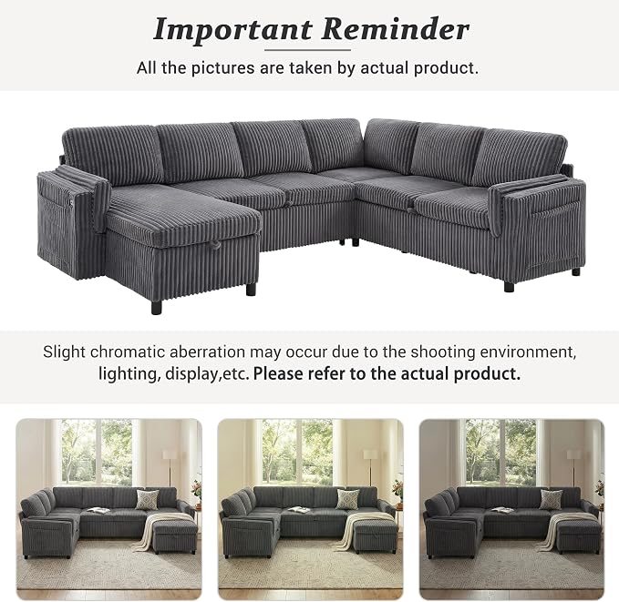 Sectional Sleeper Sofa with Pull Out Bed, 7 Seats U Shaped Modular Sectional Sofa with Storage, USB Ports, Cup Holders, Plush Corduroy Cloud Sectional Couches for Living Room, Dark Grey