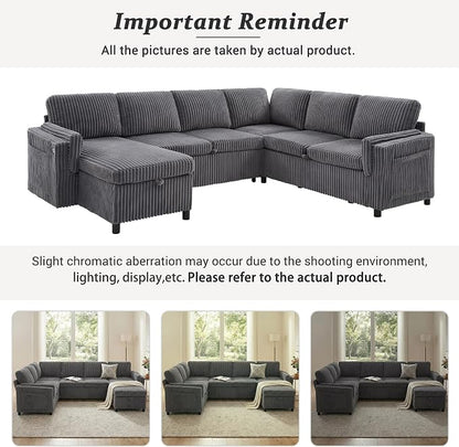 Sectional Sleeper Sofa with Pull Out Bed, 7 Seats U Shaped Modular Sectional Sofa with Storage, USB Ports, Cup Holders, Plush Corduroy Cloud Sectional Couches for Living Room, Dark Grey
