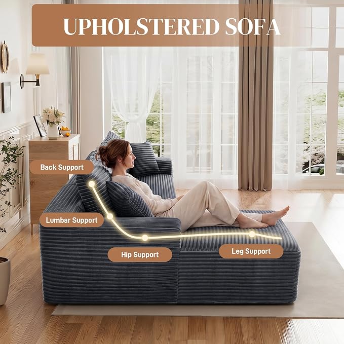 108" L Shaped Cloud Boneless Sectional Couches for Living Room, Modern Comfy Modular Deep Seat Memory Foam Compressed Corduroy Sofa Oversized Left Facing Chaise, No Assembly Required, Grey