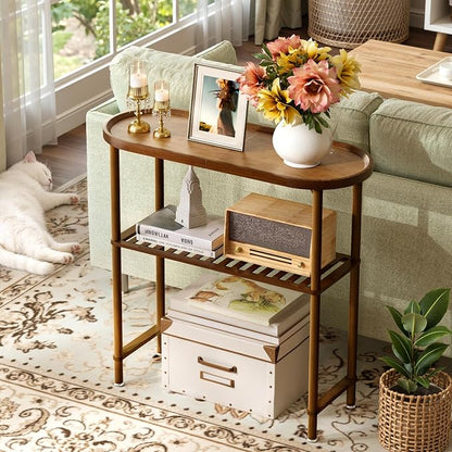 Small Entryway Table Bamboo 30.7", Narrow Hallway Table 2-tier, Slim Console Table with Anti-fall Edge, Sofa Side Table 5min Easy Assembly, Small TV Stand for Bedroom, Indoor Plant Stand, Dark Walnut