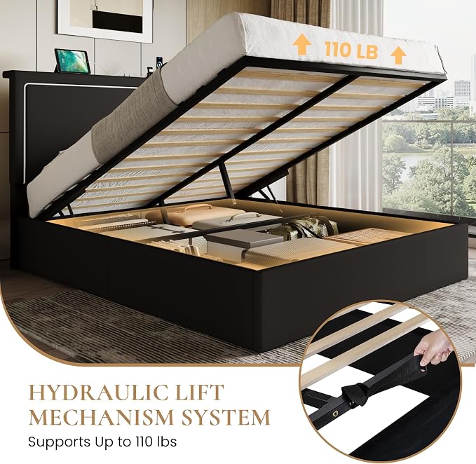 SHA CERLIN Full Size Hydraulic Lift-Up Storage Platform Bed Frame with Charging Station, RGB LED Lights, Adjustable Velvet Headboard, USB-A and USB-C Ports, No Box Spring Needed, Black