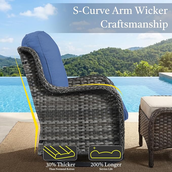 Outdoor Couch All Weather PE Wicker Patio Sofa Outdoor Sofa Deep Seating for Porch Deck Backyard-Grey/Blue