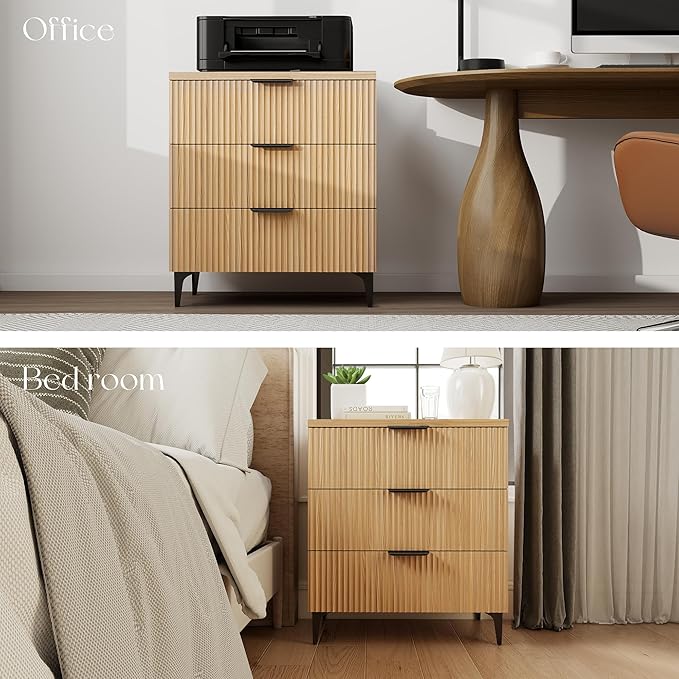 25.6" W Fluted Nightstand with 3 Drawer Dresser, Modern Wood Night Stands Bedside Table for Bedroom King/Queen Bed, End Table with Robot-Friendly Legs for Living Room,Entry (3 Drawers-1pcs-Natural)