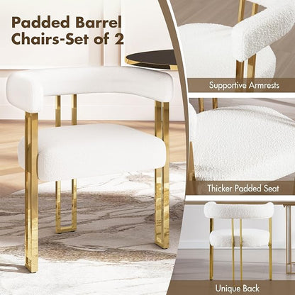 Hyfirm Set of 2 Modern White Boucle Dining Chairs with Gold Metal Legs, Mid Century Accent Upholstered Barrel Armchairs with Open-Back for Kitchen, Dining Room, Living Room, Apartment