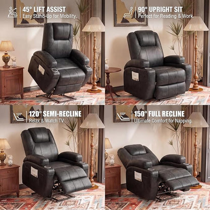 Flamaker Power Lift Recliner Chair Electric Lift Recliner for Elderly Power Lift Recliner Chair with Cup Holders Side Pockets for Living Room (Leathaire, Light Black)