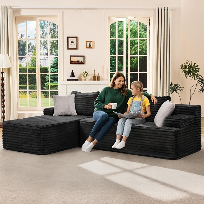 Hobestluk Boneless Couch Modular Sectional Sofa L-Shape Cloud Couch Lounge | 96" Left Facing Chaise Black,Memory Foam,Removable Cover,Non-slip Bottom,No Assemble Required,Furniture for Small Home