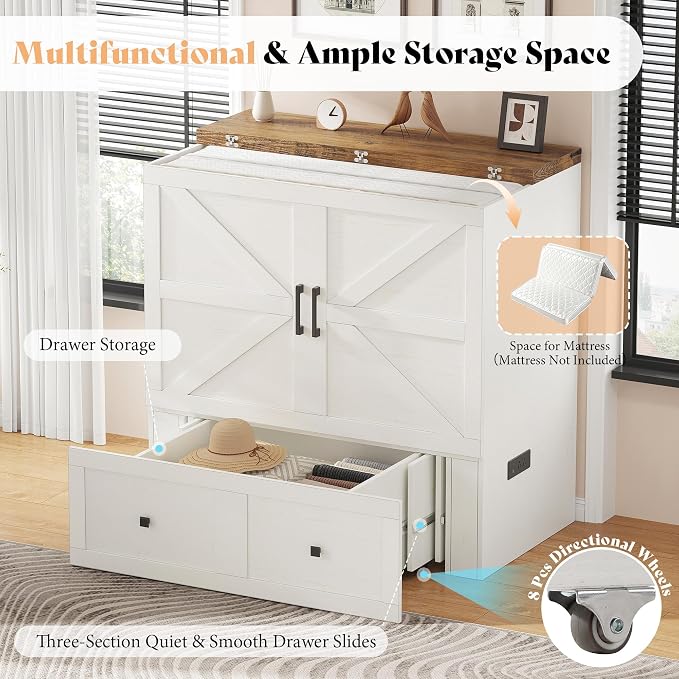AMERLIFE Twin Murphy Bed Cabinet with Charging Station and Storage Drawer, Farmhouse Foldable Platform Bed for Home Office, Apartment, Small Spaces, Distressed White