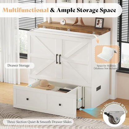 AMERLIFE Twin Murphy Bed Cabinet with Charging Station and Storage Drawer, Farmhouse Foldable Platform Bed for Home Office, Apartment, Small Spaces, Distressed White