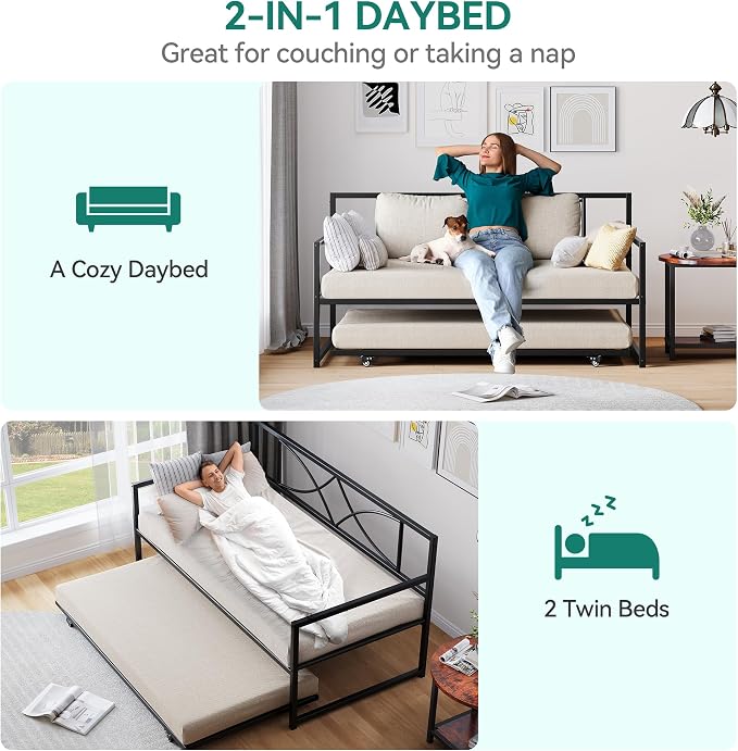 DWVO Twin Daybed with Trundle, Metal Sofa Bed with Adjustable Height,Trundle Bed with Heavy Duty Metal Slats, for Living Room, Bedroom, Guest Room, Space Saving, Black