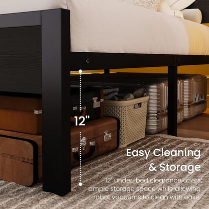 SHA CERLIN Twin Size Bed Frame with Led Light & Built-in Charging Station, Wooden Headboard with Storage Shelf, Metal Platform Bed, Under Bed Storage, No Box Spring Needed, Noise Free, Black