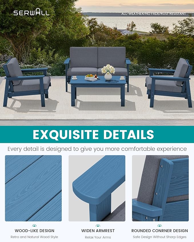 SERWALL Outdoor Loveseat, Blue Frame and Grey Cushion