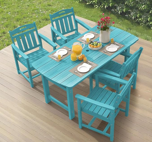 Ciokea HDPE Outdoor Dining Set, 5-Piece Patio Table and Chairs Set with Umbrella Hole, All-Weather Patio Dining Sets for 4, Durable Patio Furniture for Backyard, Garden, Lawn & Poolside, Lake Blue